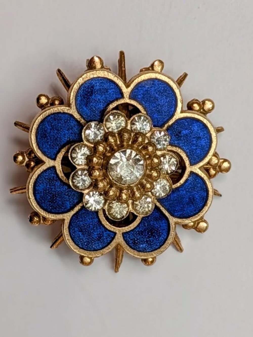 Vintage Blue Enamel Rhinestone Flower Brooch Gold Tone Floral Pin
